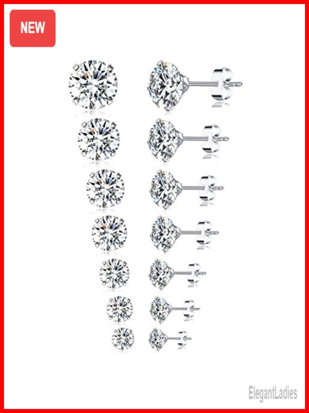 7 Pairs Stainless Steel Stud Earrings Cubic Zirconia 2mm-8mm Set